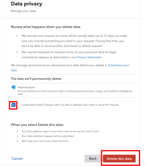 Intuit Data privacy page and "Delete this data" button