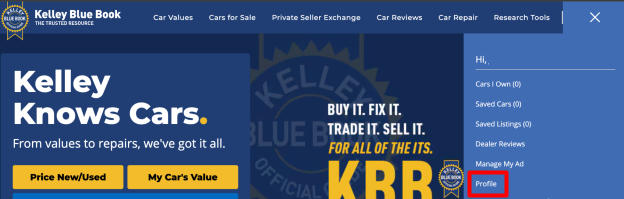 Kelley Blue Book "Profile" menu link