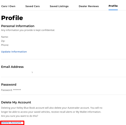 Kelley Blue Book profile and "Delete Account" button