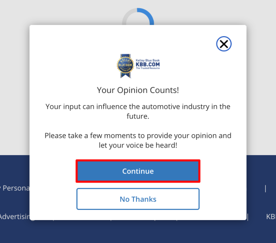 Kelley Blue Book prompt for feedback and "Continue" button