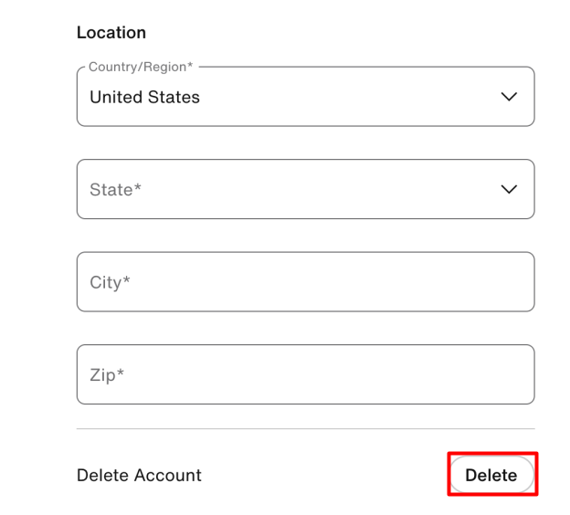 Nike "Account Details" and "Delete" button