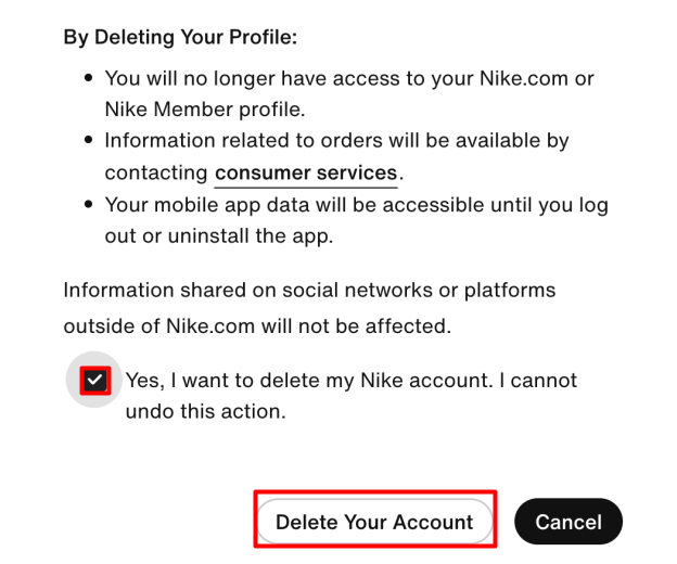 Nike deleting your profile disclaimer "Delete your account" button