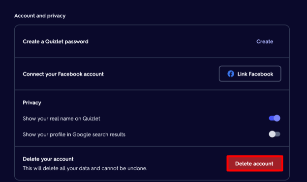 Quizlet "Delete account" button under 'Account and privacy'