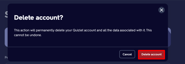 Quizlet "Delete account" button