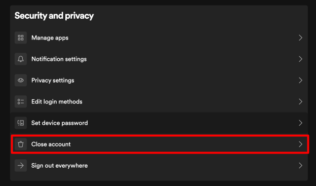 Spotify "Close account" link under 'Security and privacy'