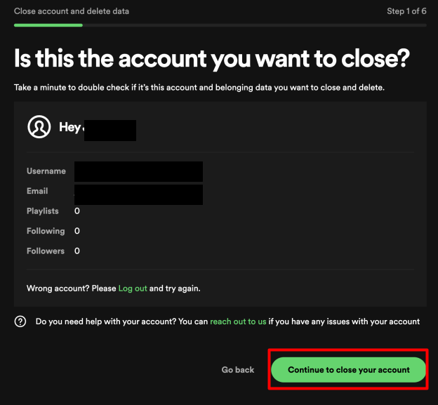 Spotify "Is this the account you want to close?" page and "Continue to close your account" button