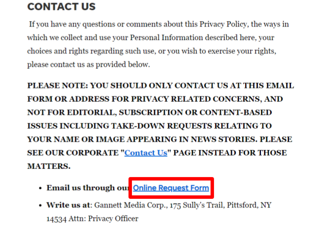 USA Today Contact Us section and "Online Request Form" link