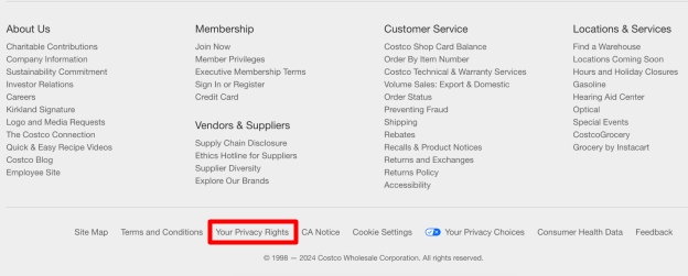 Costco "Your Privacy Rights" link in footer