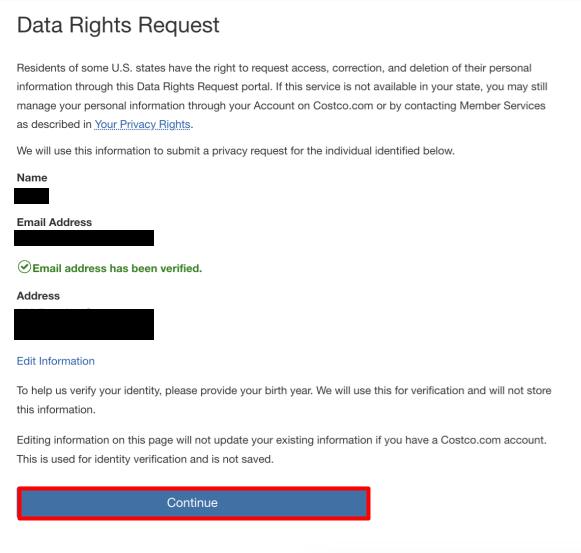 Costco data rights request