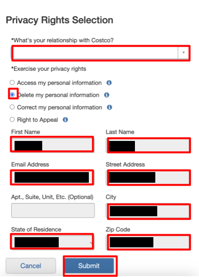 Costco privacy rights selection