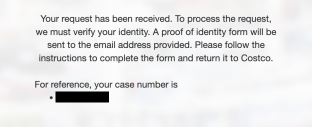 Costco message to go to your email and case number