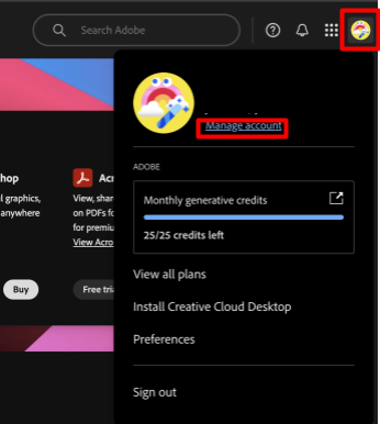 Adobe account button and "Manage account" menu link