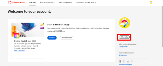 Adobe "Edit profile" link