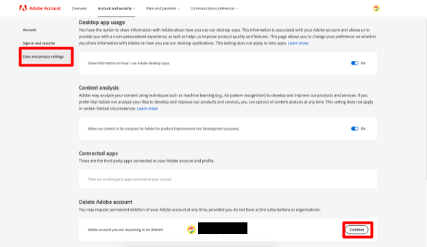 Adobe "Data and privacy settings" link and "Continue" button under "Delete Adobe account"