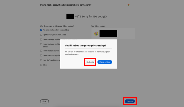 Adobe "Would it help to change your privacy settings" pop up menu and "Continue" button