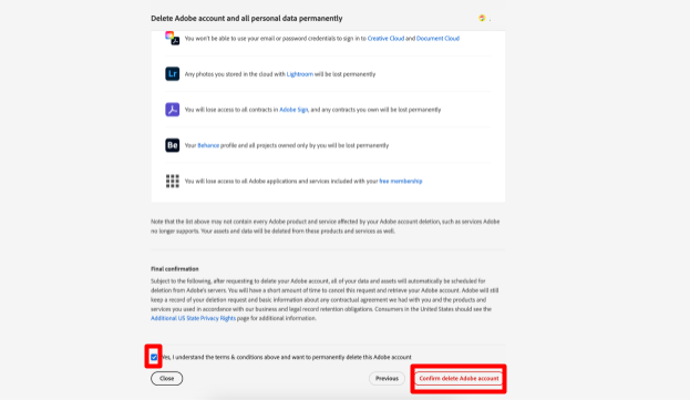 Adobe "Confirm delete Adobe account" button