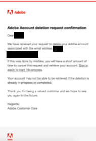 Adobe account deletion email confirmation 