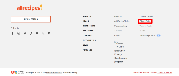 Allrecipes "Privacy Policy" link in footer