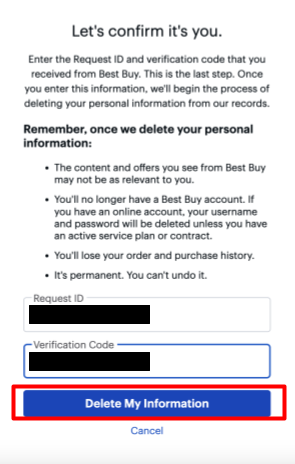 BestBuy page requesting Request ID and Verification Code with "Delete My Information" button