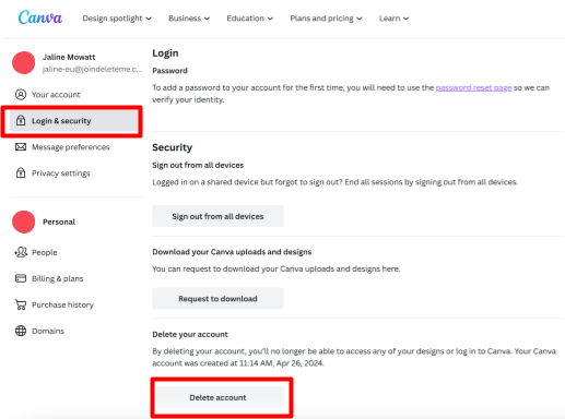 Canva "Login & security" section and "Delete account" button under 'Delete your account'