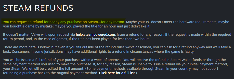 Steam refund policy