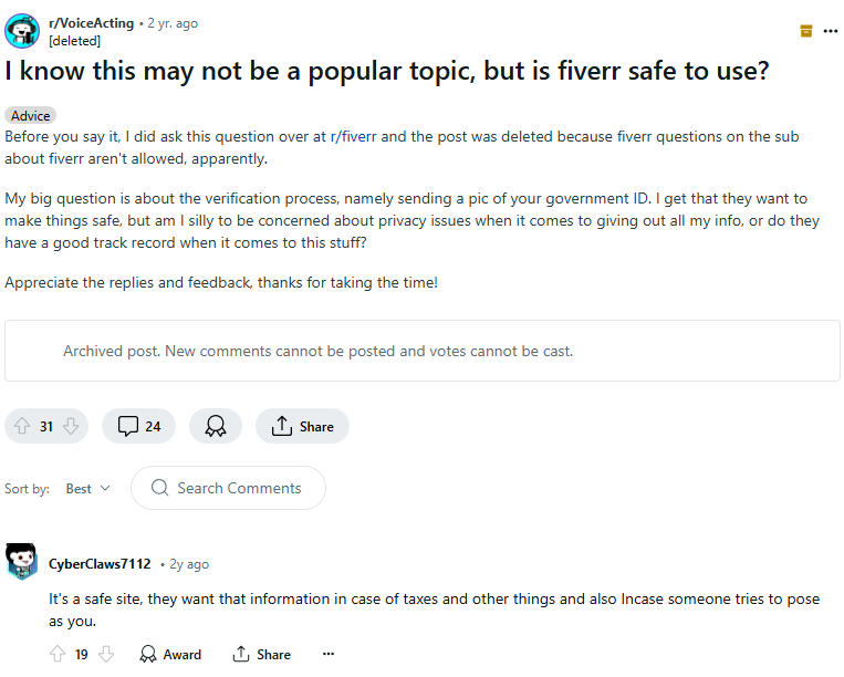 Reddit thread on Fiverr safety