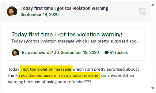 Fiverr post on getting a terms of service violation message because of auto refresher