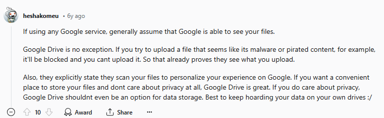 Reddit post about the safety and privacy of Google Drive