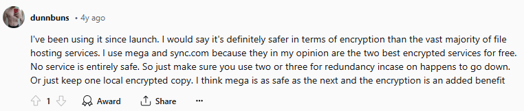 Reddit post about the safety of Mega