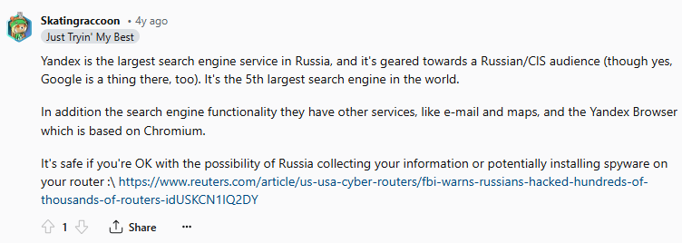 Reddit post about Yandex