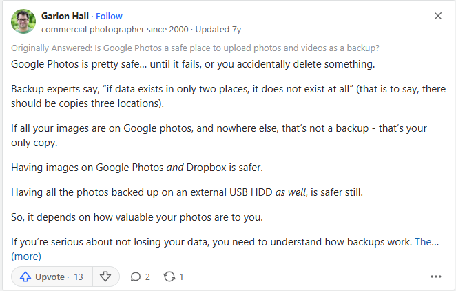 A Quora post about Google Photos