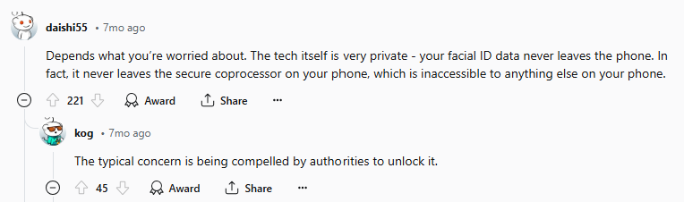 Reddit post about Face ID