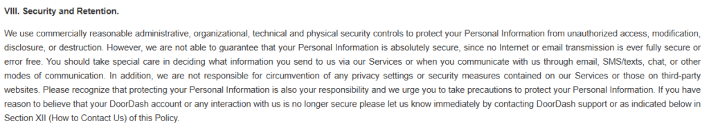 DoorDash security and retention section in its privacy policy