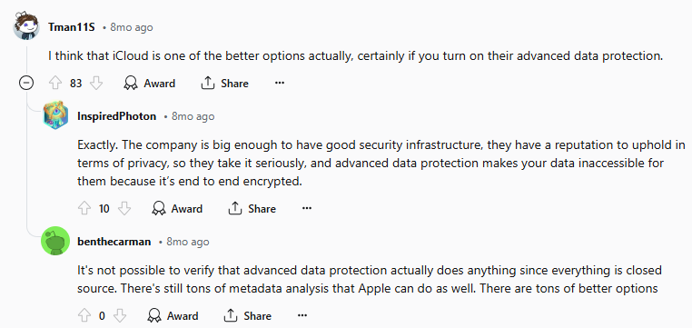 Reddit post about iCloud