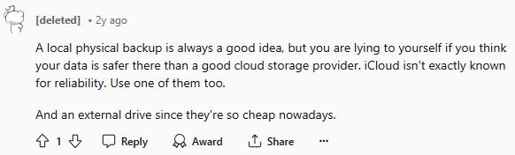 Reddit post recommending having additional backups and not just relying on iCloud