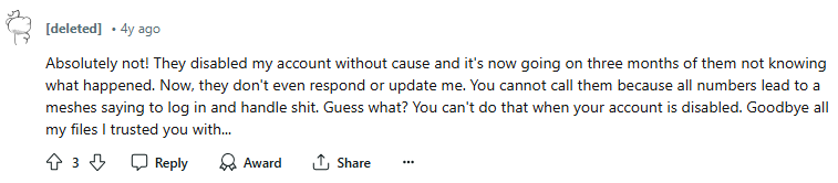 Reddit post about their Dropbox account being disabled