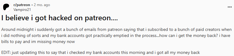 Reddit post about getting hacked on Patreon