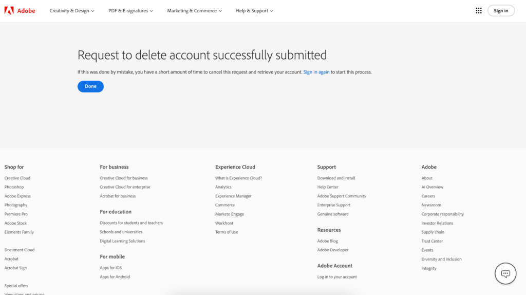 Adobe request to delete account successfully submitted page