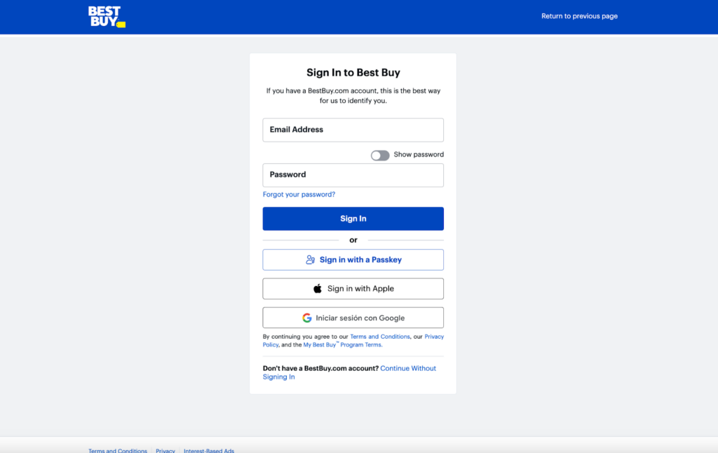 BestBuy login page