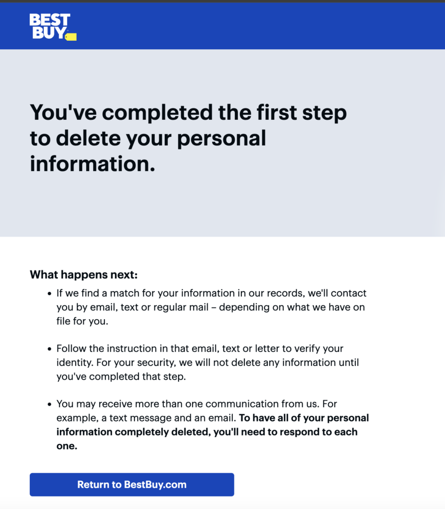 BestBuy information on completing first step in account deletion