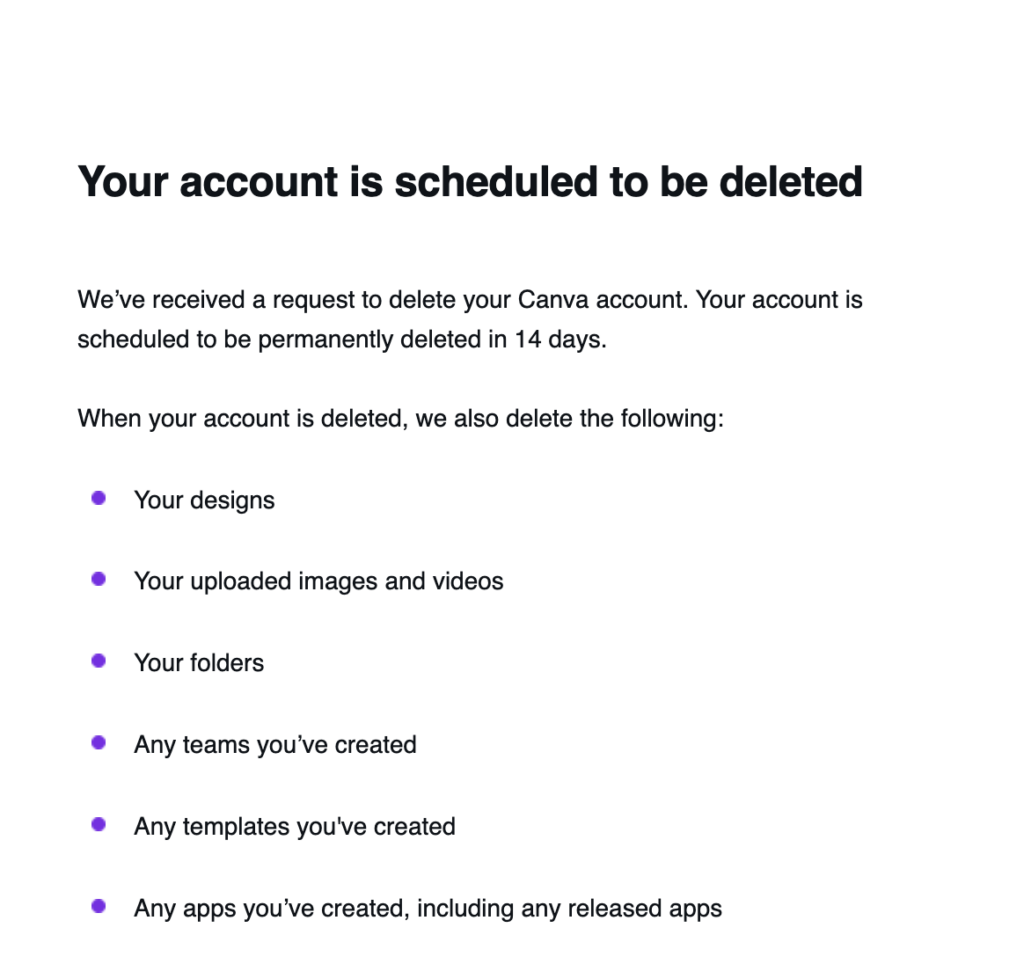 Canva notification that your account is scheduled to be deleted