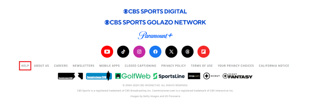 CBS Sports footer with "HELP" link