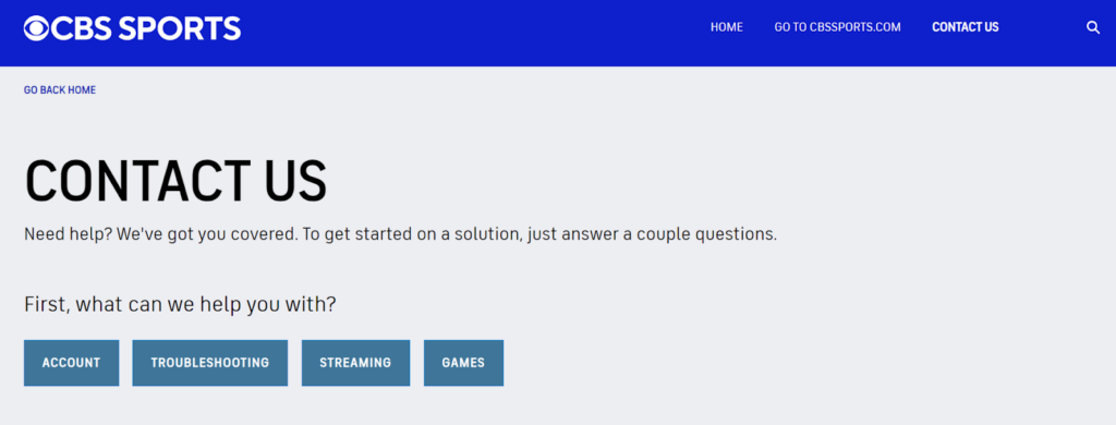 CBS Sports 'Contact Us' page and "Account" button