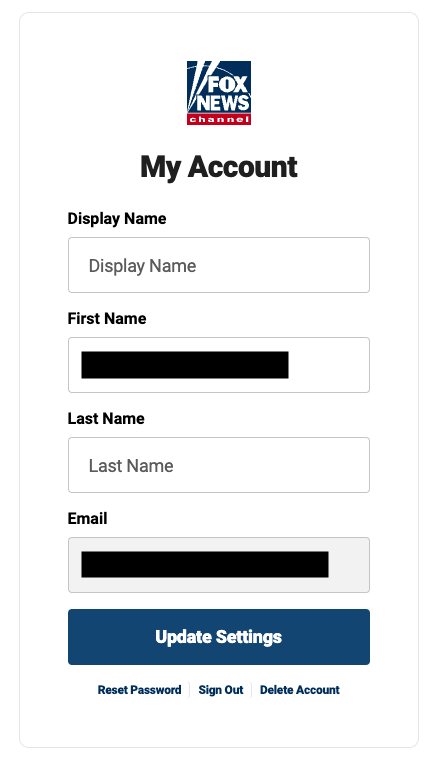 Fox News profile "Delete Account" link