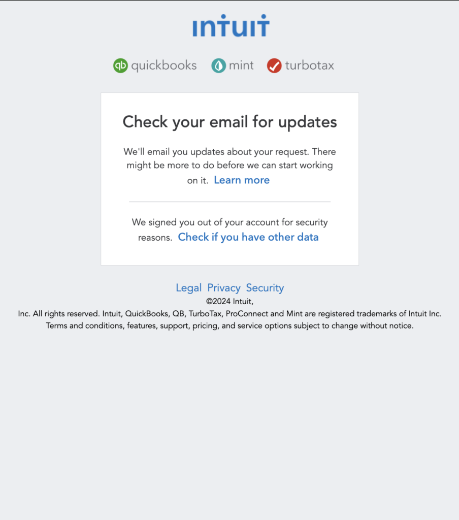 Intuit "check your email for updates" page