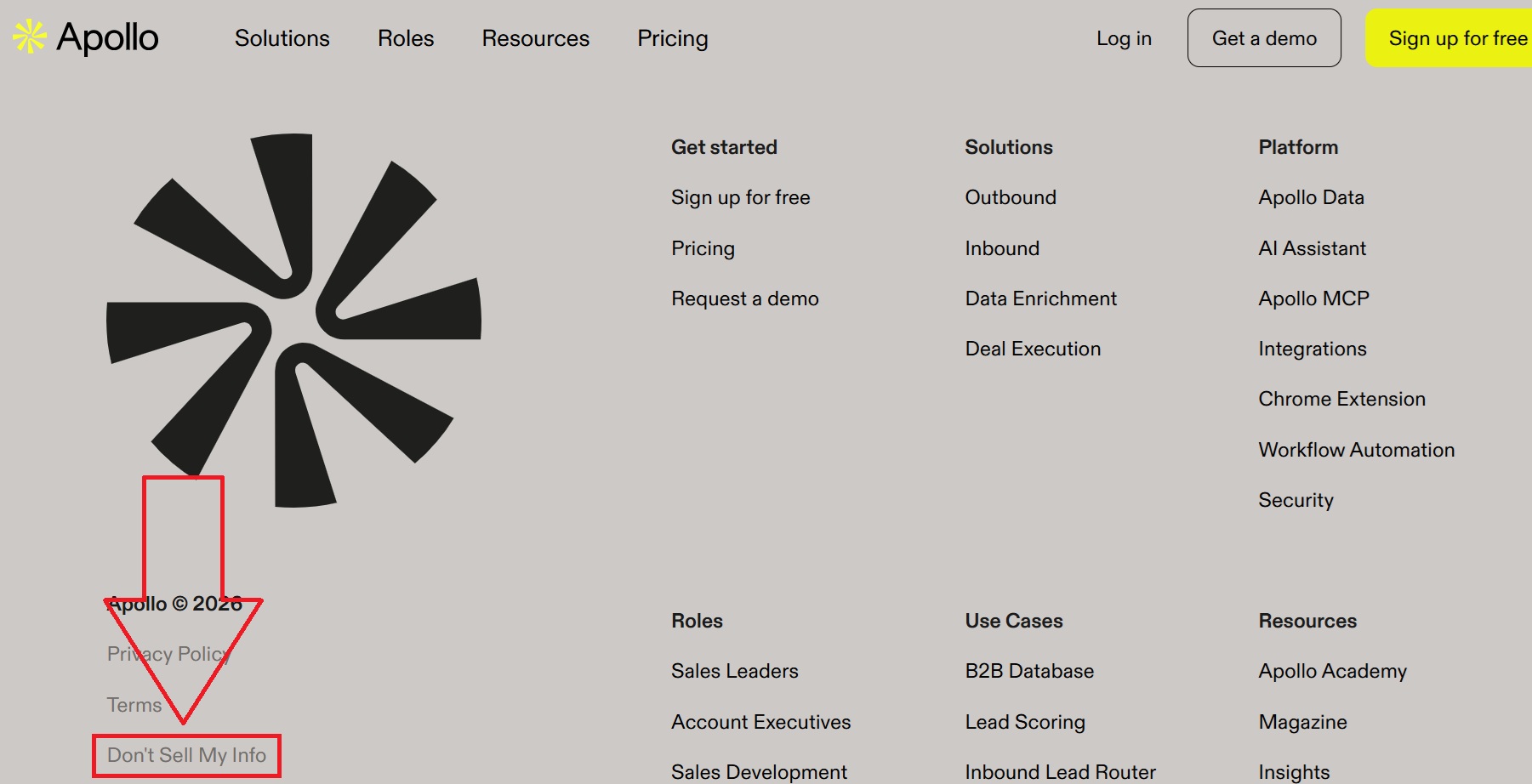 Apollo.io website don't sell my info icon