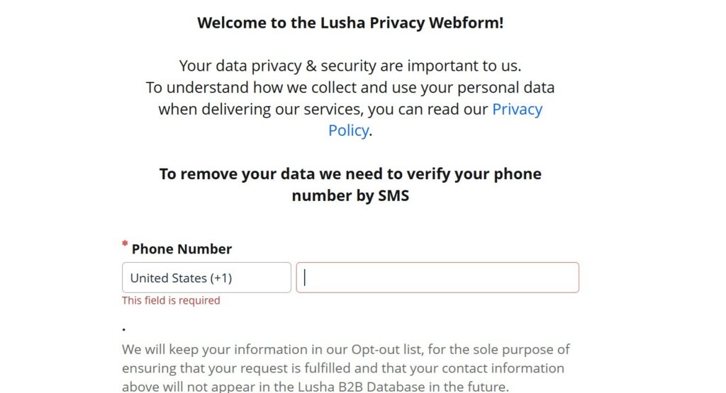 Lusha opt-out by phone page