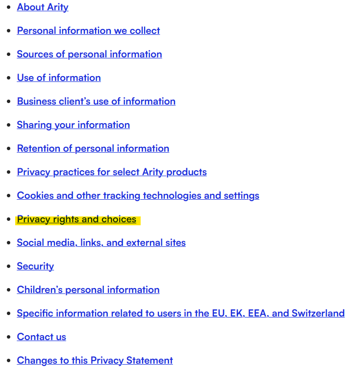 Arity privacy statement table of contents