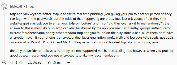 Reddit post about authenticator apps