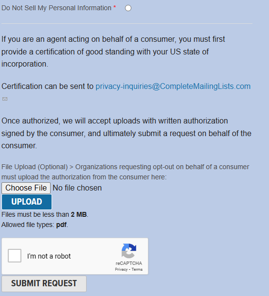 CompleteMailingList bottom of opt out form